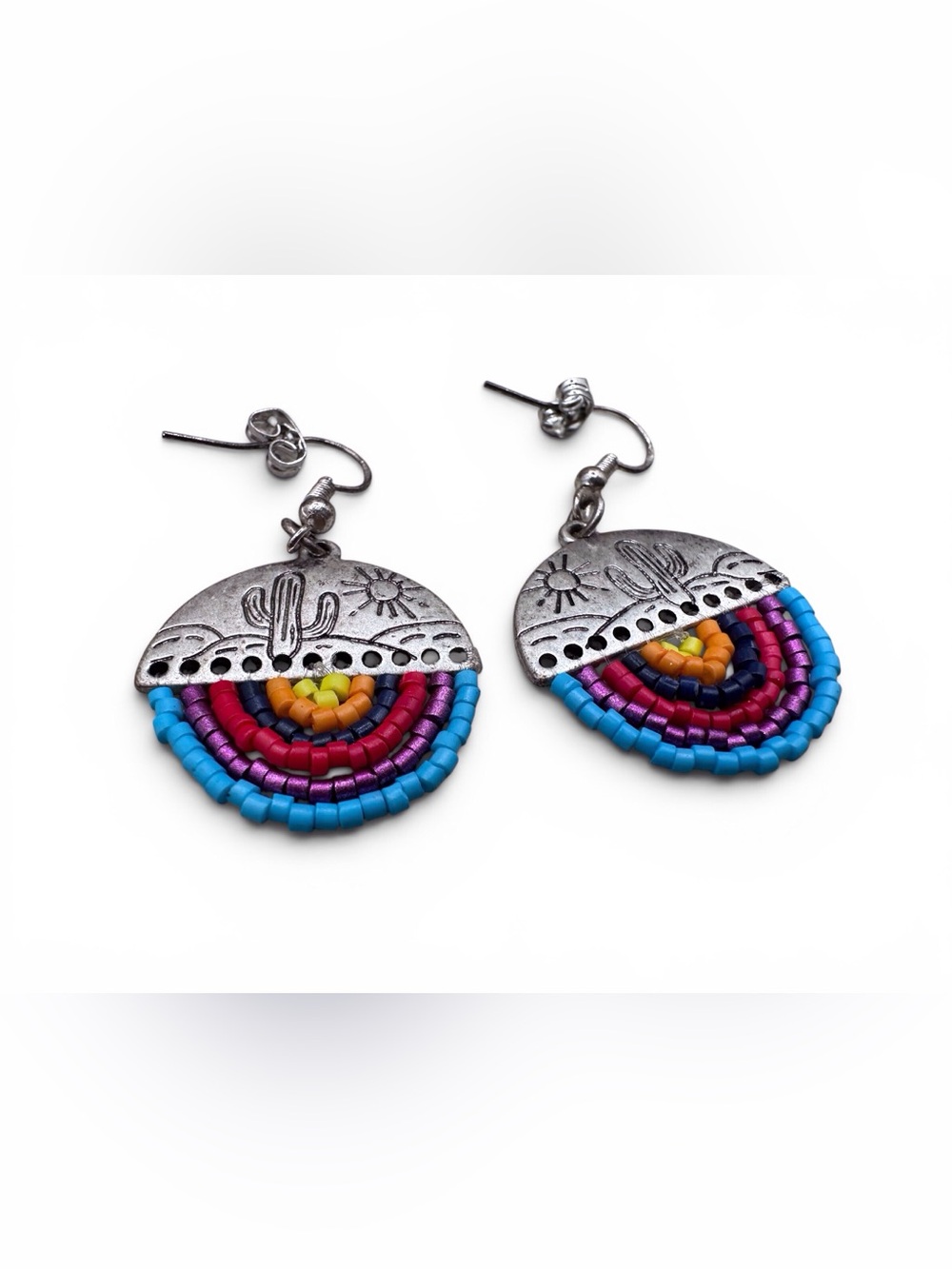 Boho Turquoise Multicolor Beaded Cactus Drop Earrings